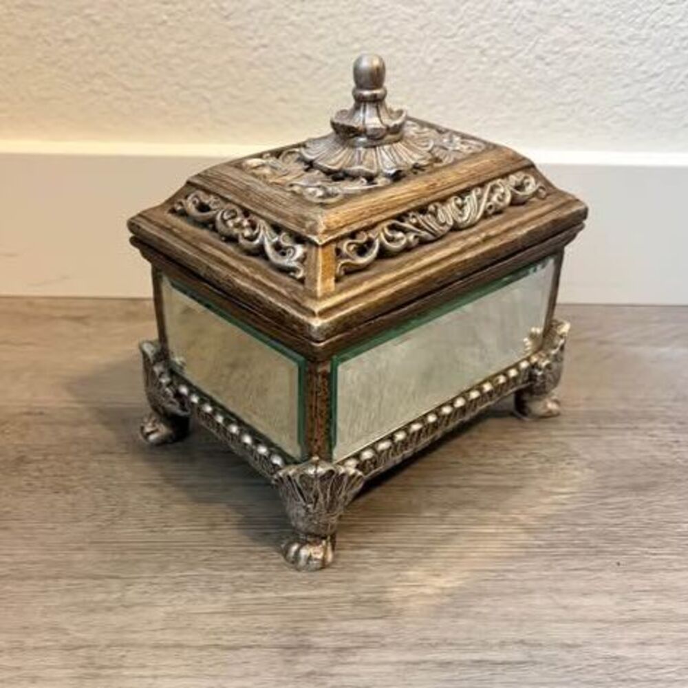 Vintage Ornate Mirrored Metal Jewelry Box French Ormolu Trinket Box